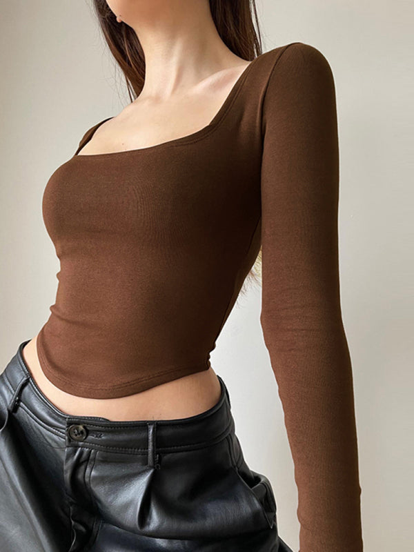 Women's Knit Square Neck Long Sleeve Cropped T-Shirt