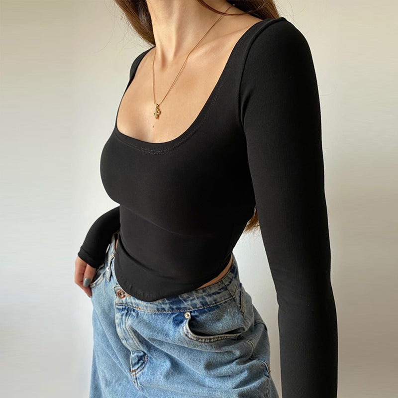 Women's Knit Square Neck Long Sleeve Cropped T-Shirt