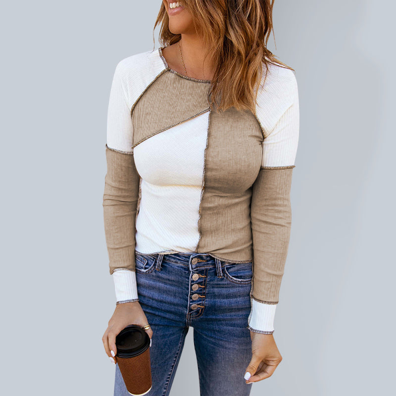 Women's Knitted Long Sleeve Round Neck Contrast Color T-Shirt