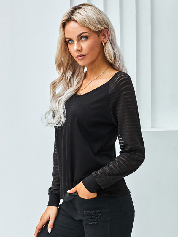 Women's stitching see-through striped long-sleeved V-neck T-shirt