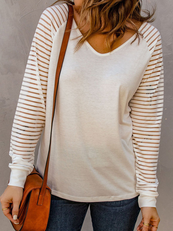 Women's stitching see-through striped long-sleeved V-neck T-shirt
