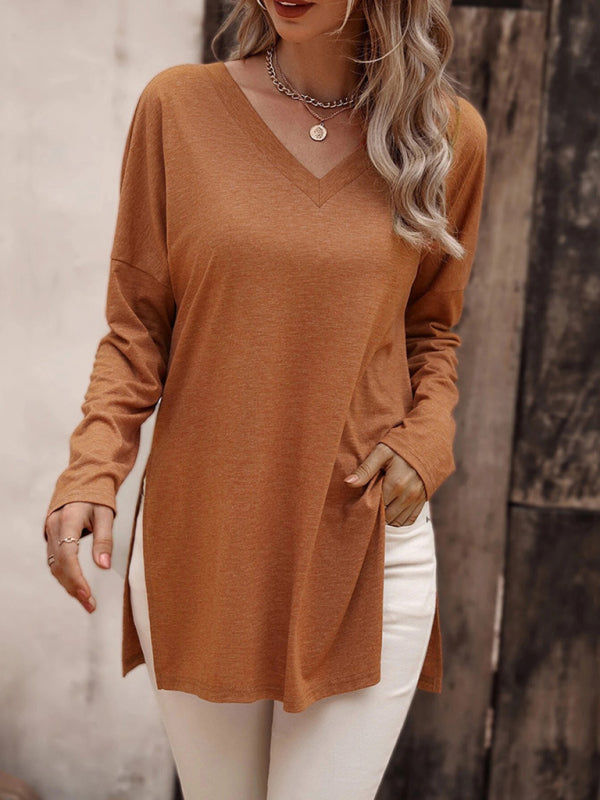 Women's casual solid color simple V-neck slit long-sleeved T-shirt
