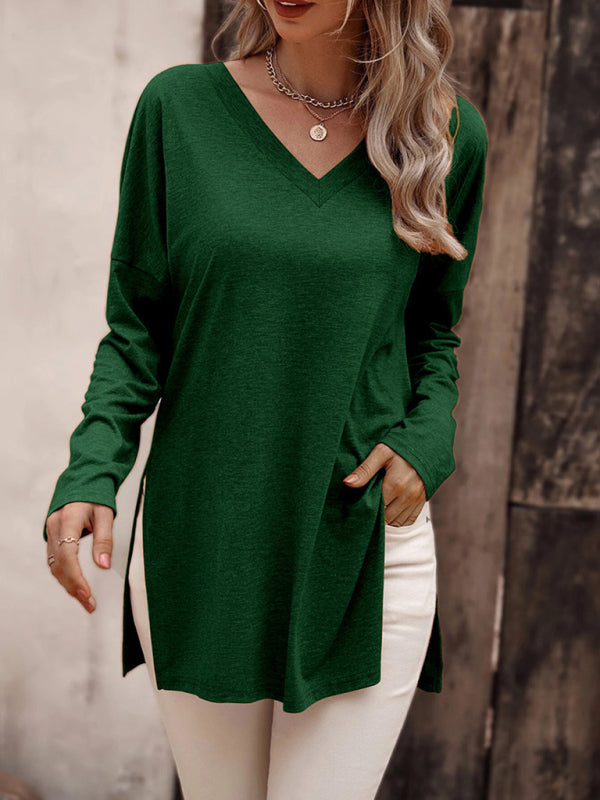 Women's casual solid color simple V-neck slit long-sleeved T-shirt