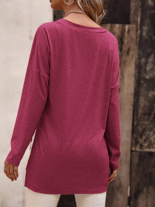 Women's casual solid color simple V-neck slit long-sleeved T-shirt