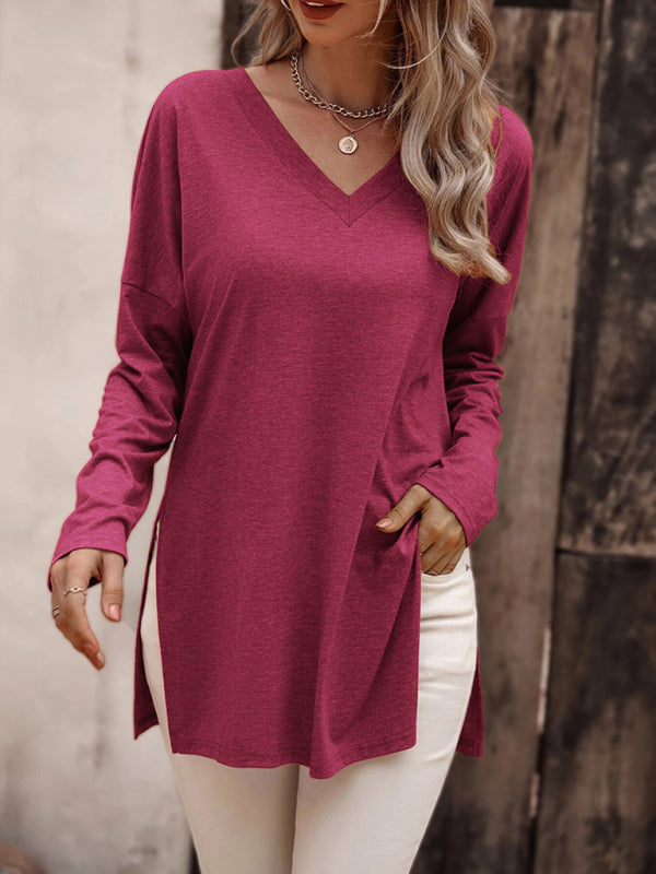 Women's casual solid color simple V-neck slit long-sleeved T-shirt