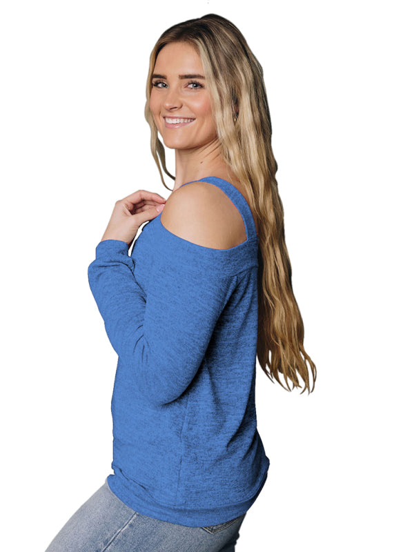 Hollow Square Neck Off Shoulder Long Sleeve Sweater T-Shirt