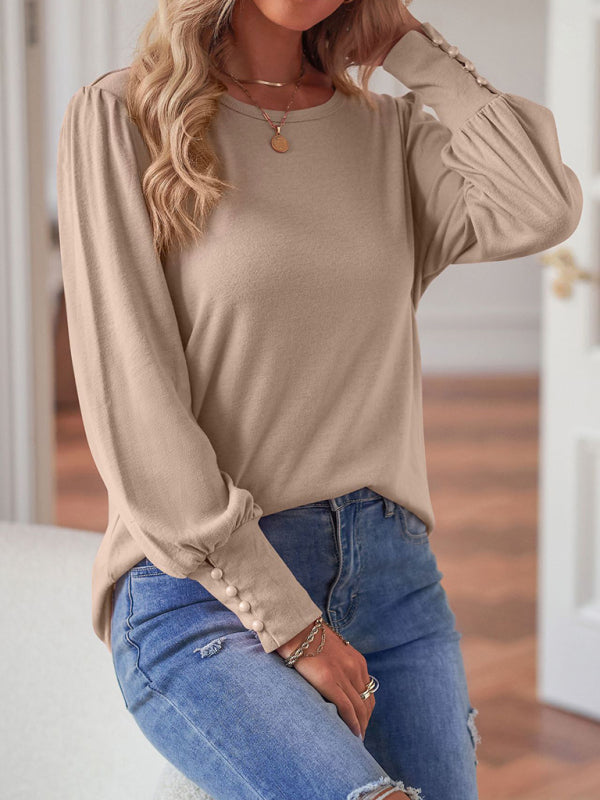 European and American Foreign Trade Loose Casual Puff Sleeve Button Long Sleeve T-Shirt