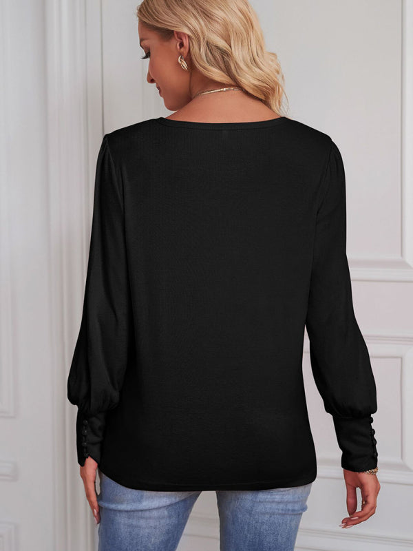 European and American Foreign Trade Loose Casual Puff Sleeve Button Long Sleeve T-Shirt