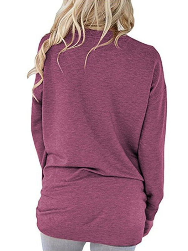 Women's Round Neck Batman Long Sleeve Pocket Solid Color Loose T-Shirt