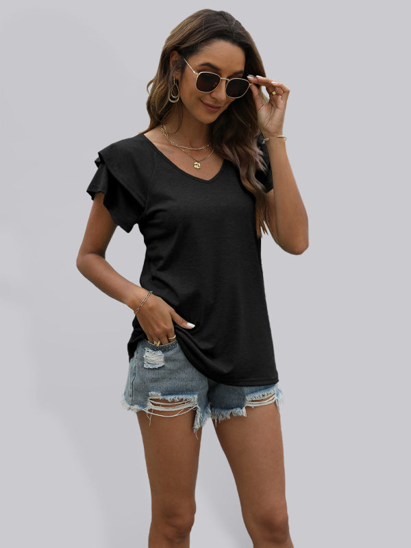 New solid color V-neck double layer ruffled sleeve loose top t-shirt