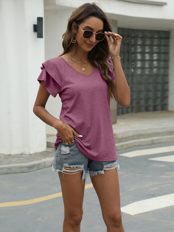 New solid color V-neck double layer ruffled sleeve loose top t-shirt