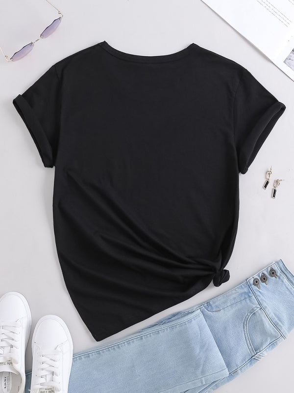 Women's Knitted Casual Round Neck Printed Short Sleeve T-Shirt
