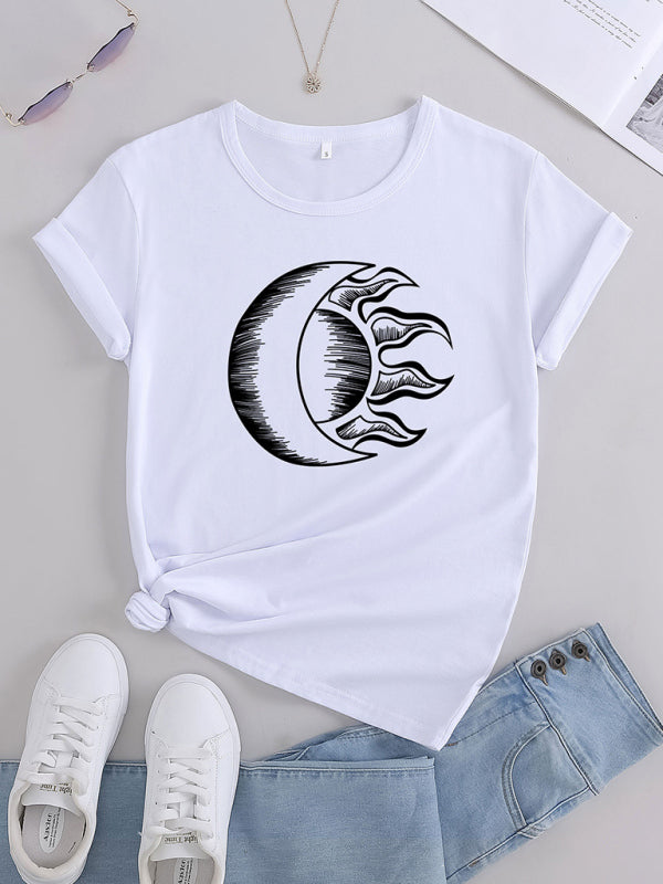 Women's Knitted Casual Round Neck Printed Short Sleeve T-Shirt