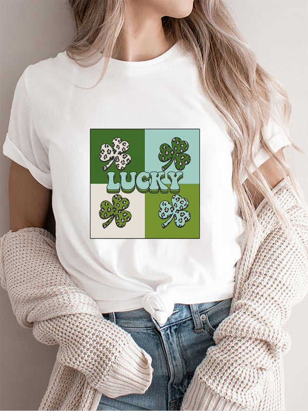 Women's knitted casual round neck four-leaf clover print short-sleeved T-shirt