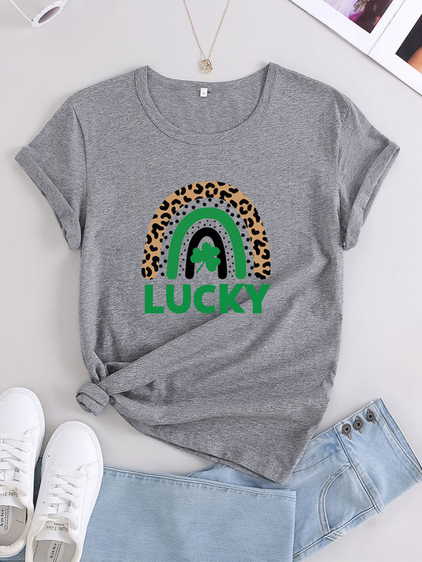 Women's knitted casual round neck four-leaf clover print short-sleeved T-shirt