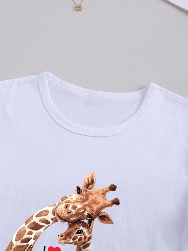 Women's Knitted Round Neck Giraffe Print Short Sleeve T-Shirt