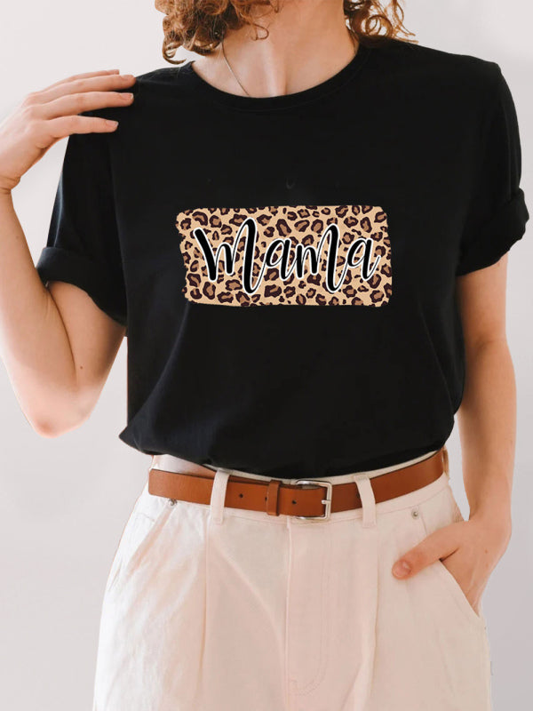 Women's knitted round neck leopard print short-sleeved T-shirt