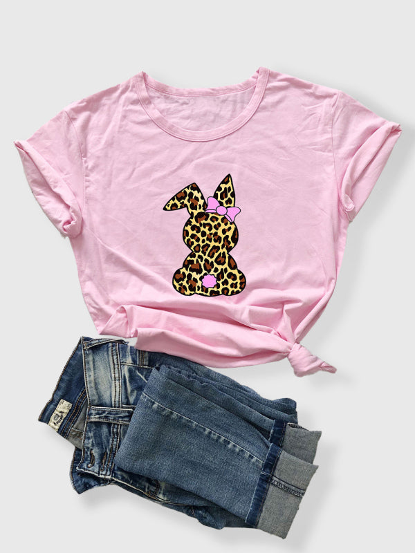Women's Knitted Round Neck Leopard Rabbit Print Short Sleeve T-Shirt