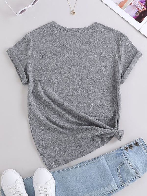 Women's Knitted Round Neck Rabbit Print Short Sleeve T-Shirt