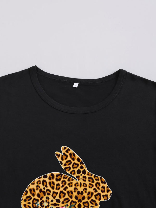 Women's Knitted Round Neck Leopard Rabbit Print Short Sleeve T-Shirt