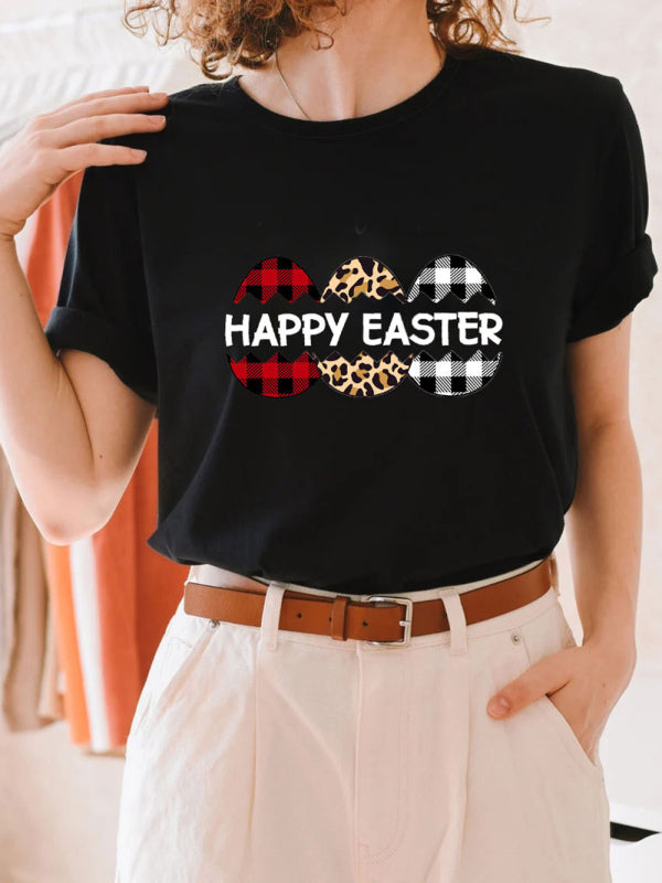Women's Knitted Round Neck Easter Egg Print Short Sleeve T-Shirt