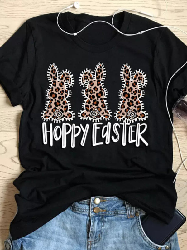 New Ladies Leopard Bunny Easter Explosion Style Urban Casual Short-sleeved T-Shirt Top