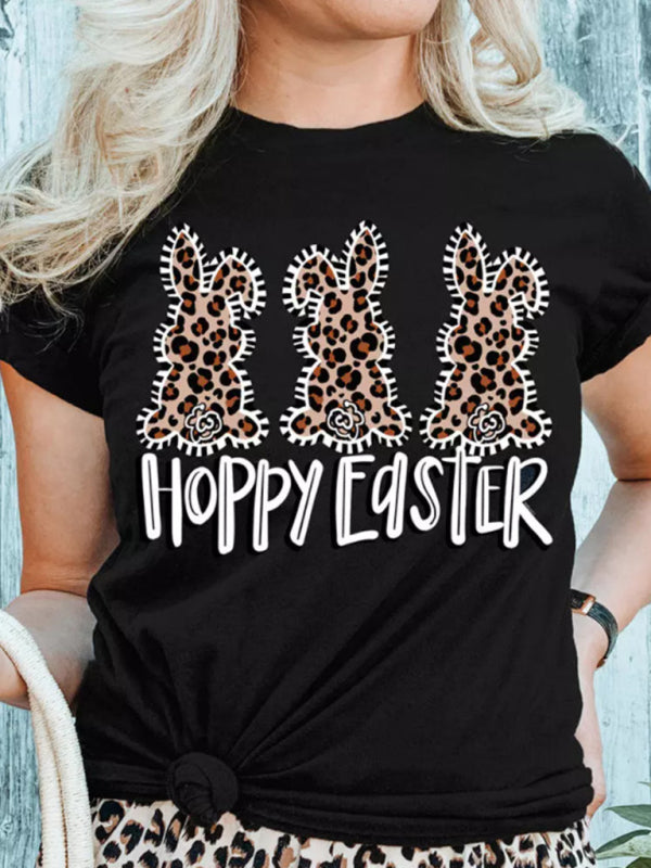 New Ladies Leopard Bunny Easter Explosion Style Urban Casual Short-sleeved T-Shirt Top