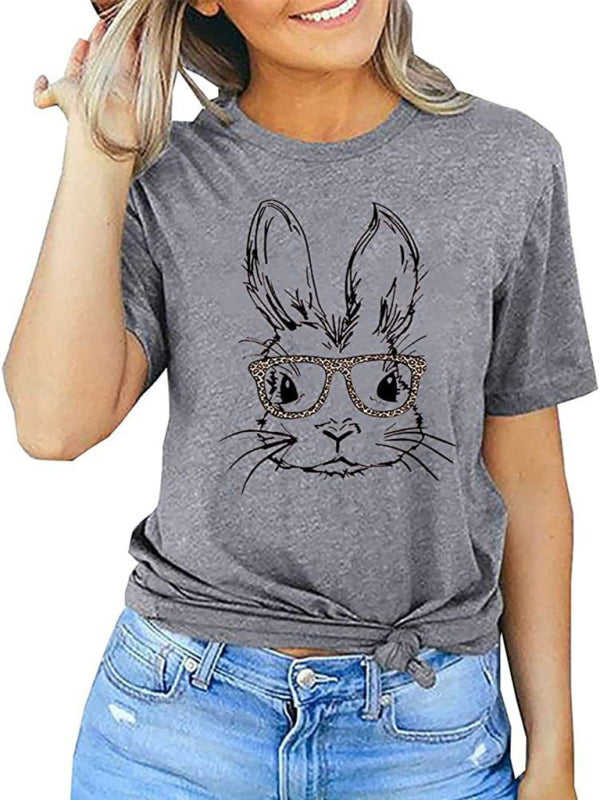 New Ladies Leopard Bunny Easter Explosion Style Urban Casual Short-sleeved T-Shirt Top