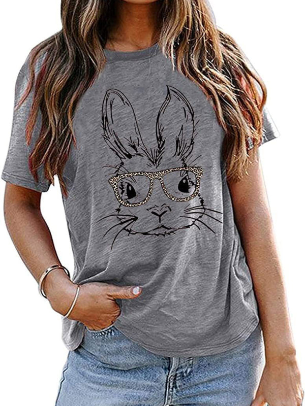 New Ladies Leopard Bunny Easter Explosion Style Urban Casual Short-sleeved T-Shirt Top