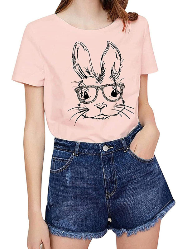 New Ladies Leopard Bunny Easter Explosion Style Urban Casual Short-sleeved T-Shirt Top