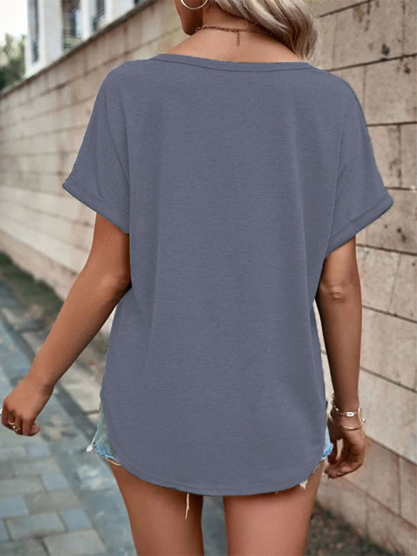 Women's Knitted Casual V-Neck Button Short Sleeve Top