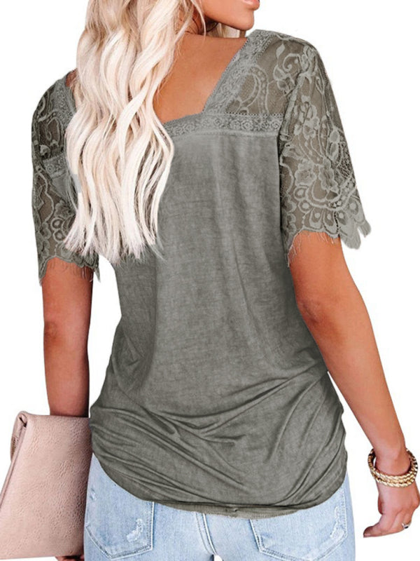 Short Sleeve V Neck Feather Lace Sleeve Blouse