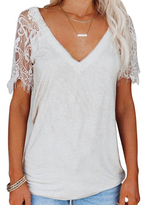 Short Sleeve V Neck Feather Lace Sleeve Blouse