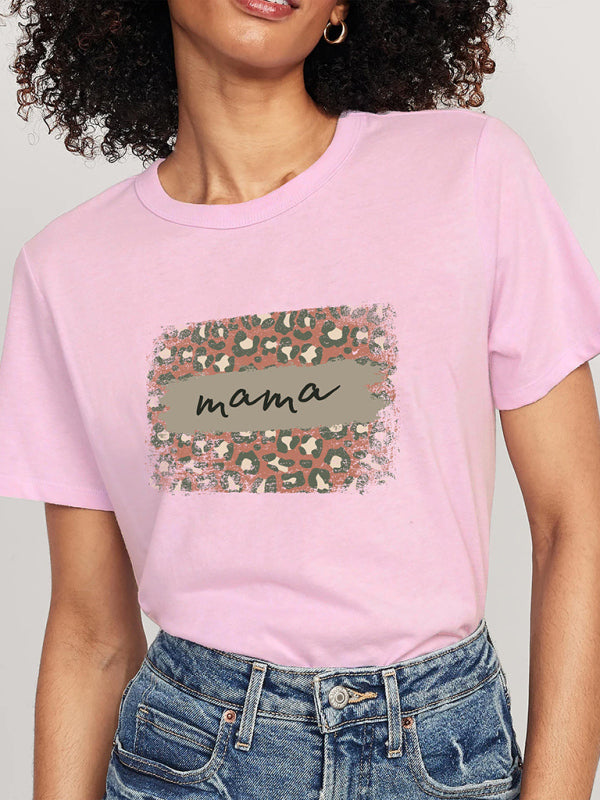 Women's Knitted Round Neck Leopard Print Mother's Day Short Sleeve T-Shirt