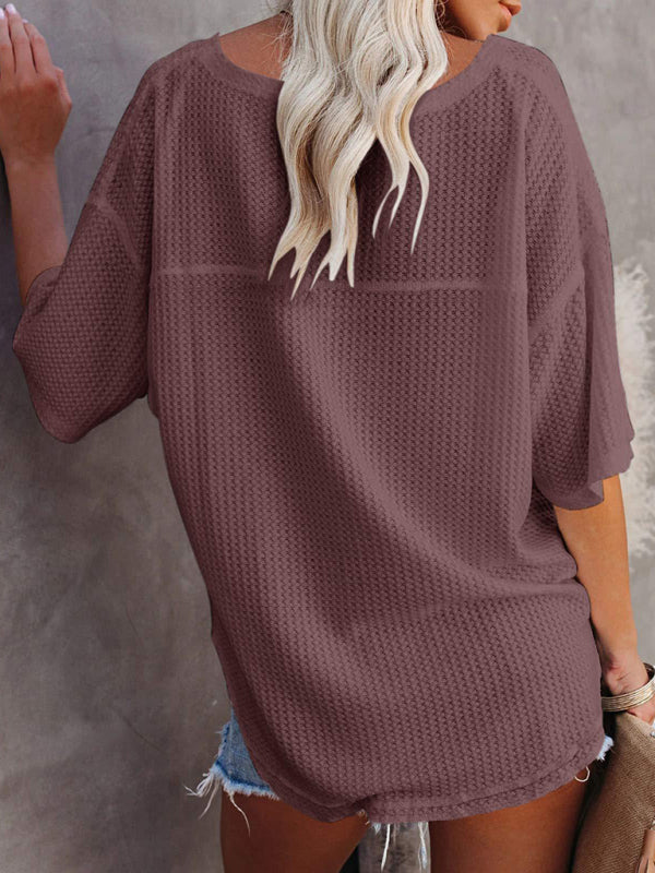 New V Neck Dolman Sleeve Waffle Knit Loose Solid Color Short Sleeve T-Shirt