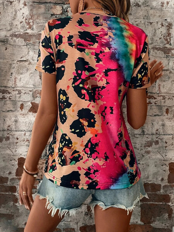 Women's Leopard Printed Round Neck Short Sleeve T-Shirt