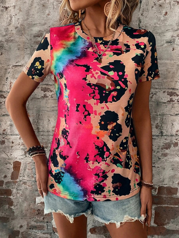 Women's Leopard Printed Round Neck Short Sleeve T-Shirt