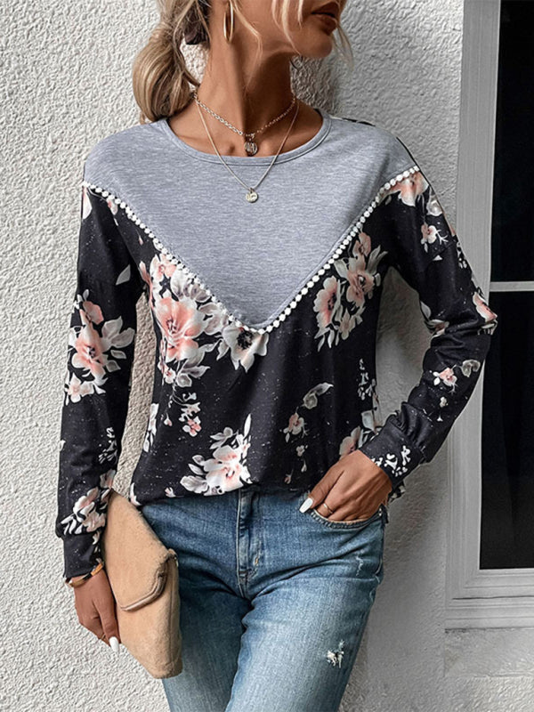 New women's long-sleeved color block sweater thin sweater T-shirt