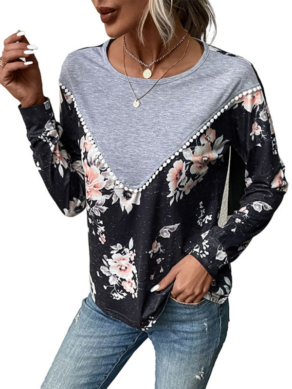 New women's long-sleeved color block sweater thin sweater T-shirt