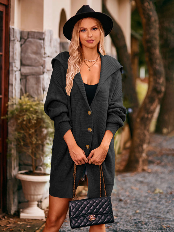 New women's solid color lapel tie pocket cardigan three buttons mid-length sweater coat