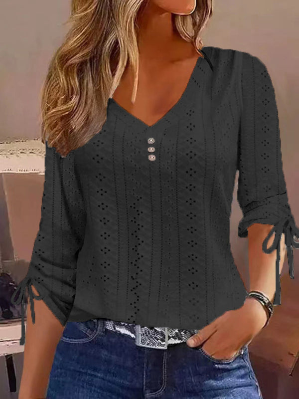 New Women's New Solid Color Jacquard Button Long Sleeve T-Shirt Top