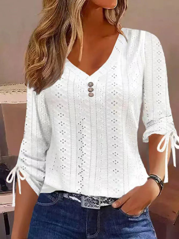New Women's New Solid Color Jacquard Button Long Sleeve T-Shirt Top