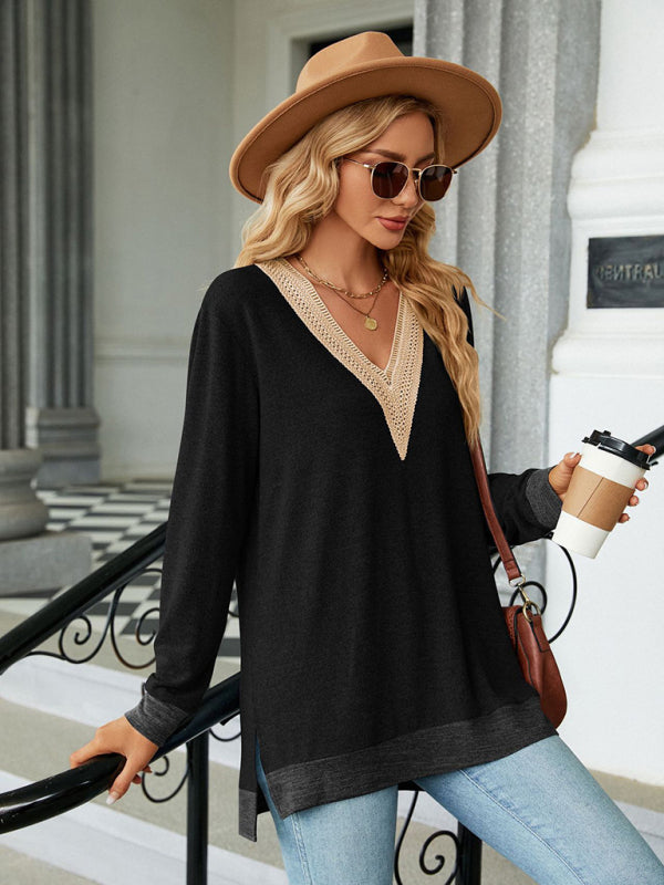 New style lace V-neck contrast color slit loose long-sleeved T-shirt top