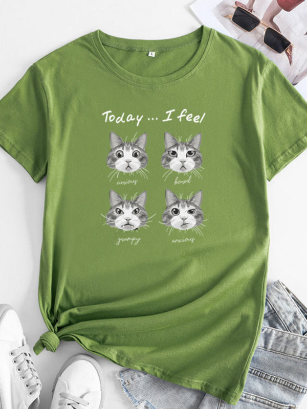 New cat print round neck short sleeve T-shirt