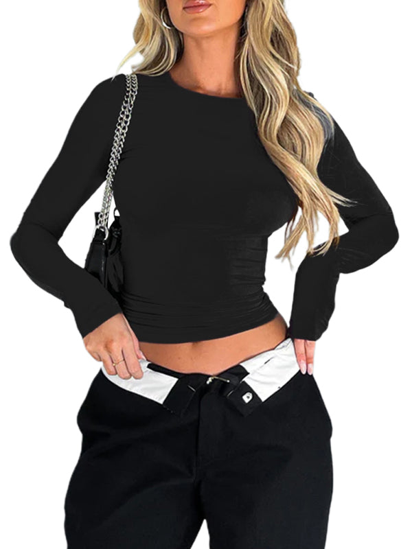 Solid color slim fit pullover t-shirt women's streetwear bottoming shirt top
