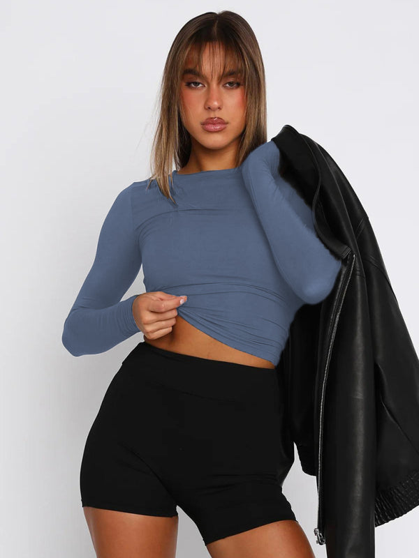 Solid color slim fit pullover t-shirt women's streetwear bottoming shirt top