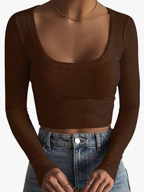 New women's large round neck long-sleeved ultra-short slim fit navel-baring bottoming T-shirt top