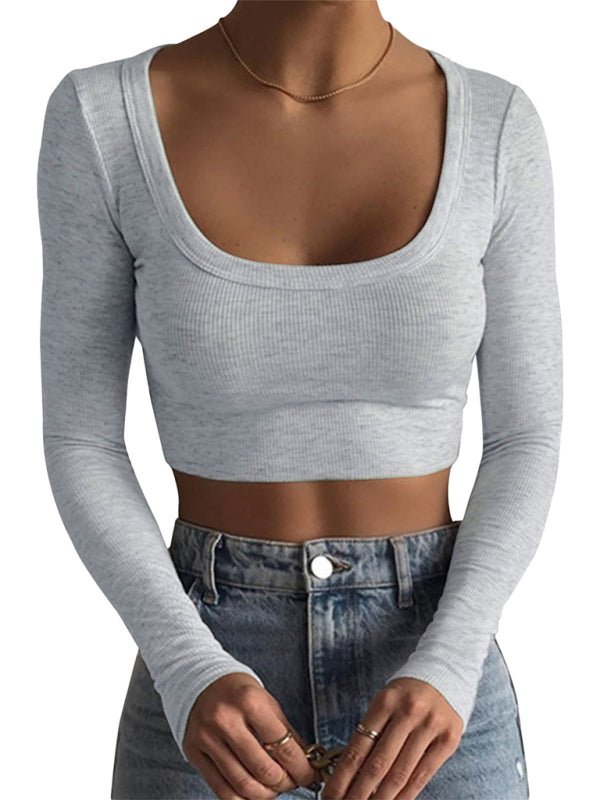 New women's large round neck long-sleeved ultra-short slim fit navel-baring bottoming T-shirt top