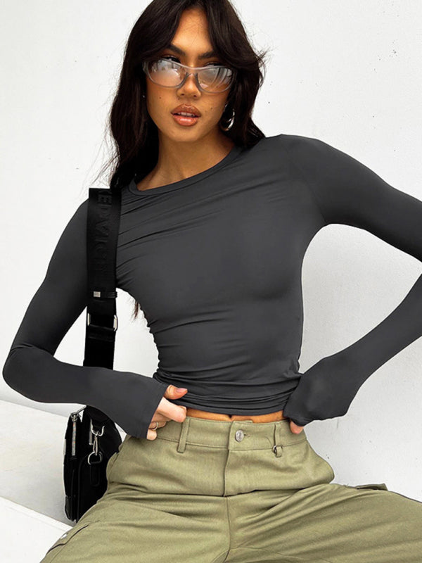 New women's round neck slim long sleeve solid color t-shirt