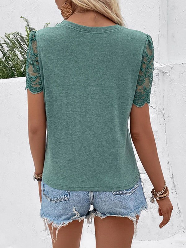Women's round neck sleeves patchwork lace knotted T-shirt
